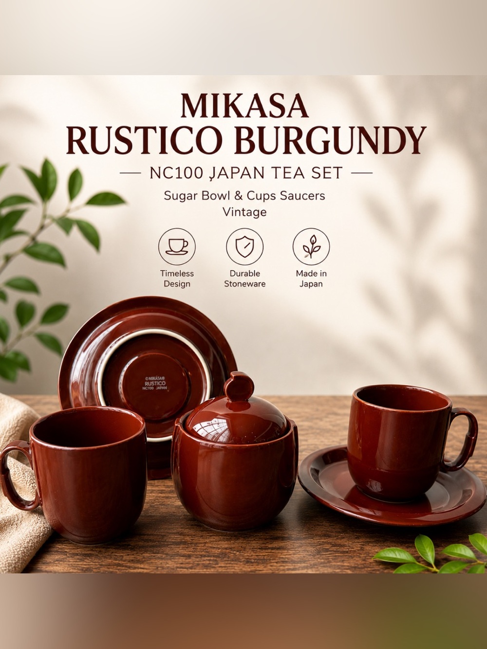 Mikasa Rustico Burgundy NC100 Japan Tea Set Sugar Bowl & Cups Saucers Vintage